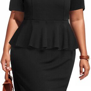 Plus Size Office Dress Knee Length Square Neck Peplum Business Elegant